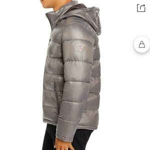 Guess mens hooded puffer coat in Smoke.